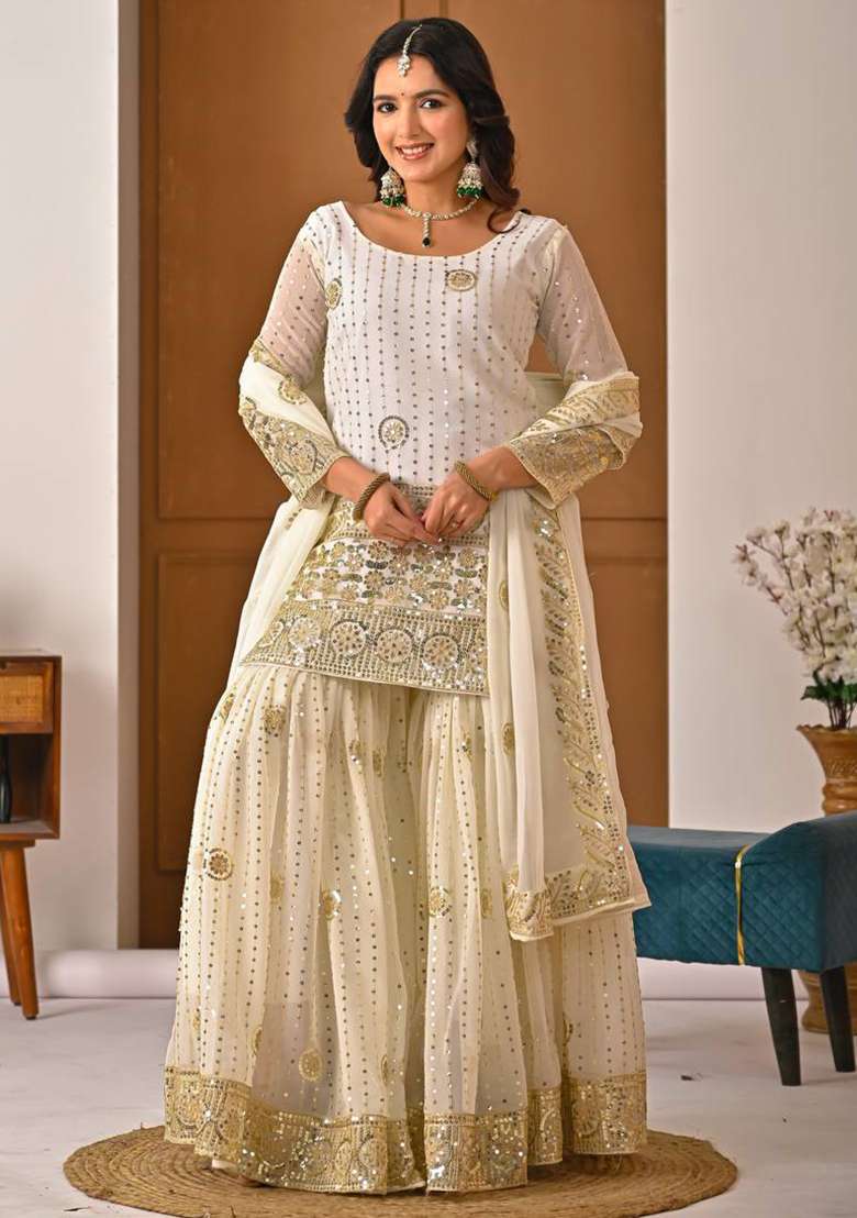 White Embroidery Georgette Sharara Set - Indya