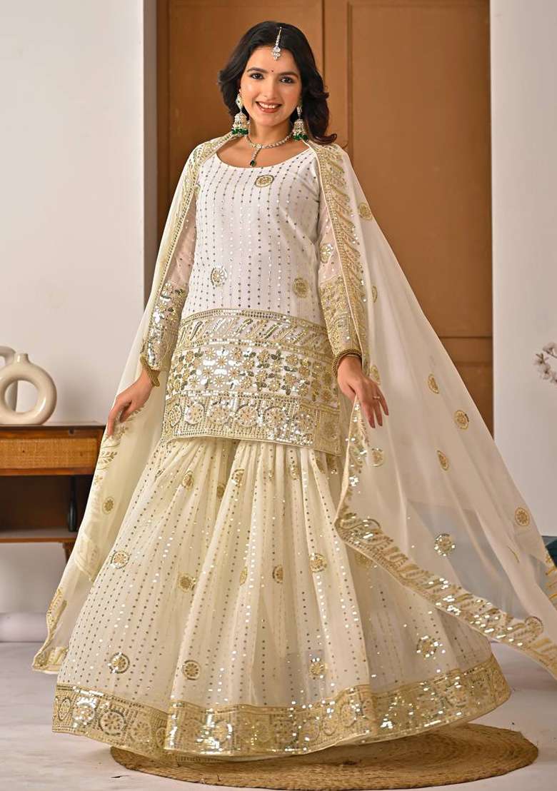 White Embroidery Georgette Sharara Set - Indya