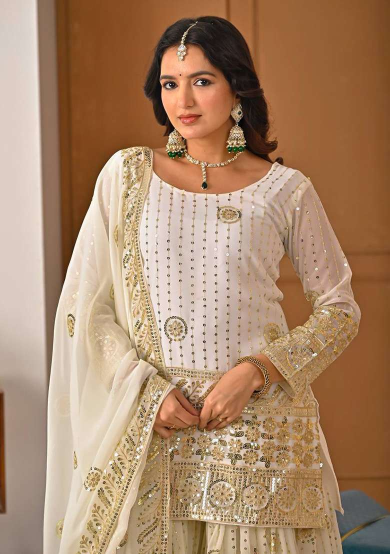 White Embroidery Georgette Sharara Set - Indya