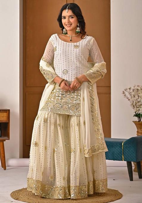 White Embroidery Georgette Sharara Set