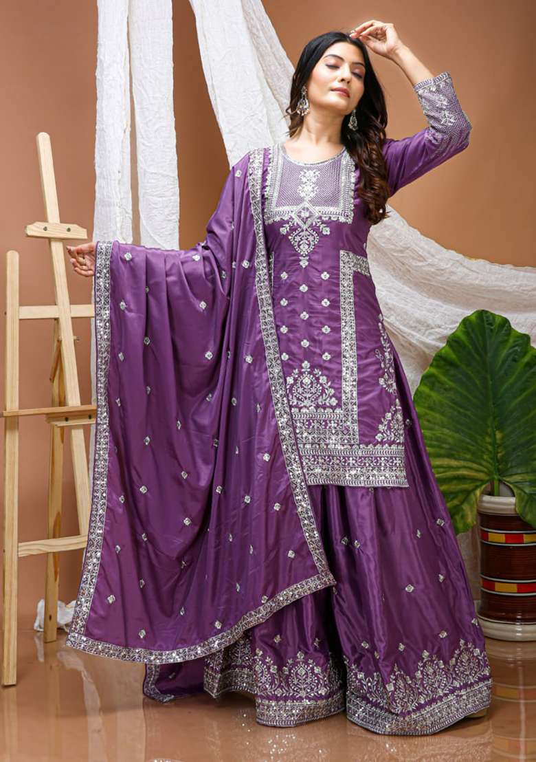 Purple Embroidery Crepe Sharara Set - Indya