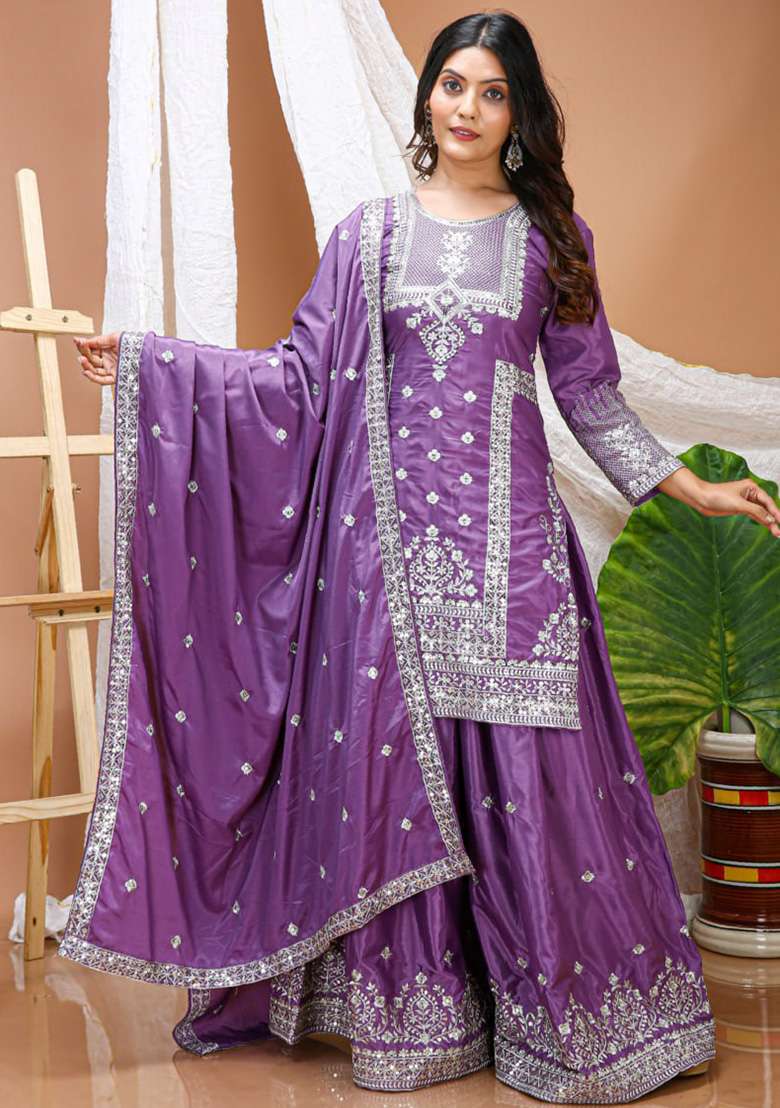 Purple Embroidery Crepe Sharara Set - Indya