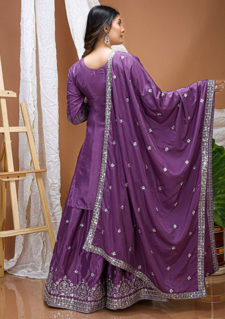 Purple Embroidery Crepe Sharara Set - Indya