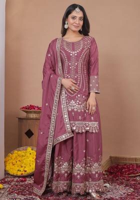 Peach Embroidery Crepe Sharara Set
