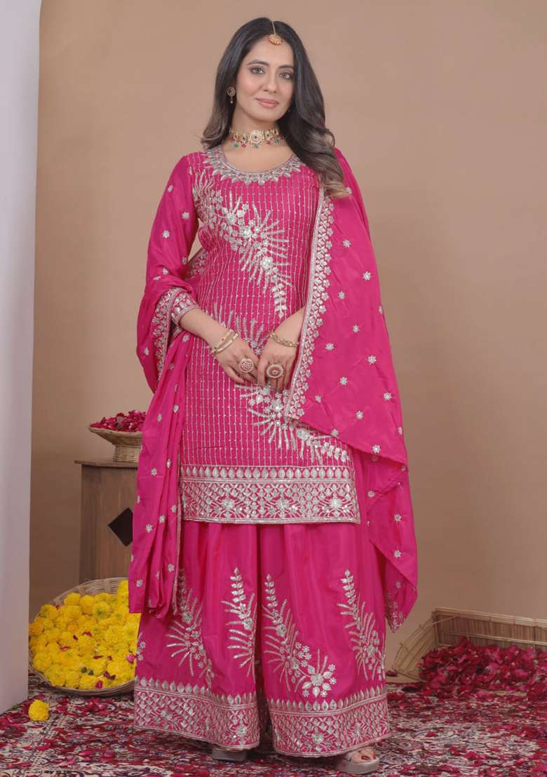Pink Embroidery Crepe Sharara Set - Indya