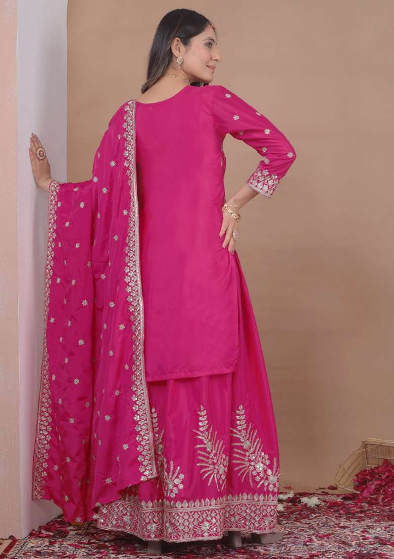 Pink Embroidery Crepe Sharara Set - Indya