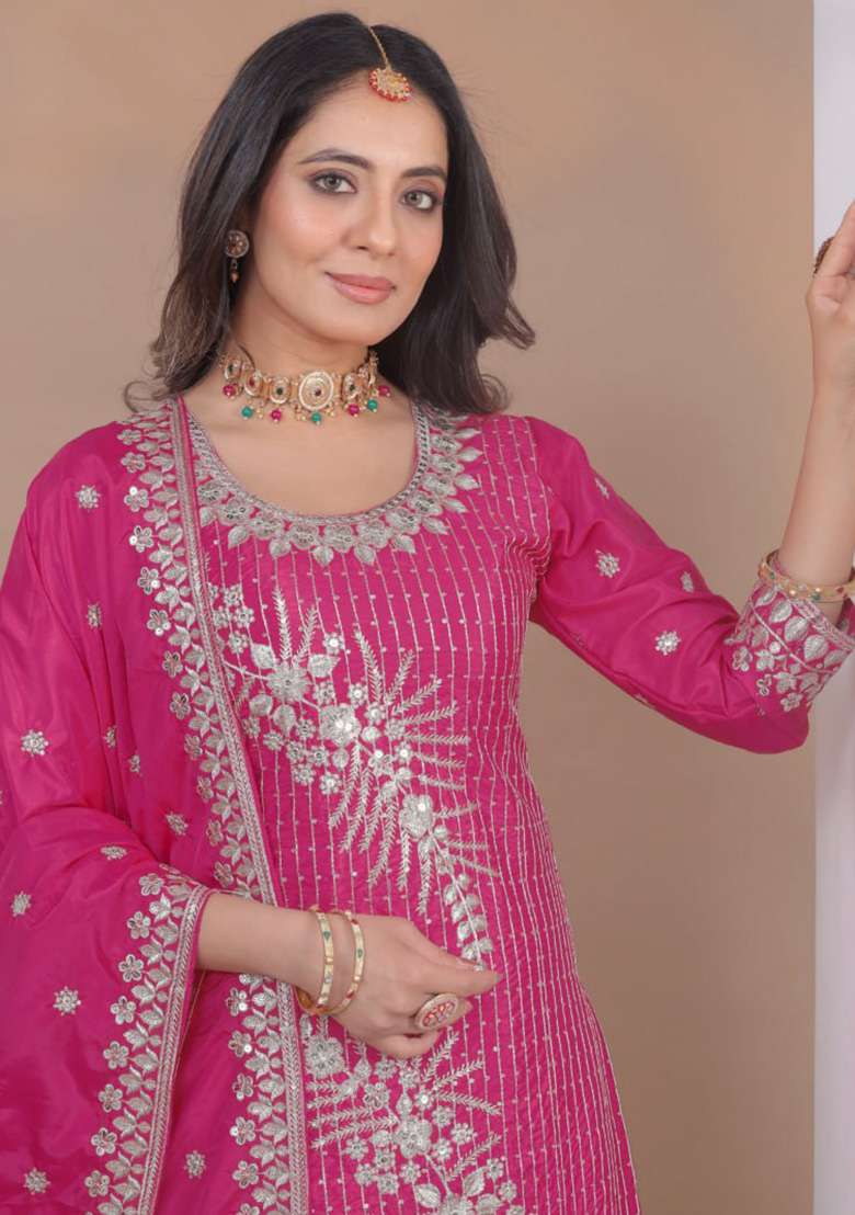 Pink Embroidery Crepe Sharara Set - Indya