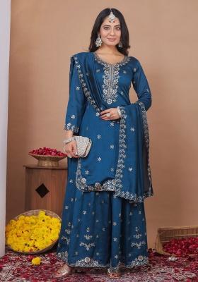 Rama Green Embroidery Silk Sharara Set