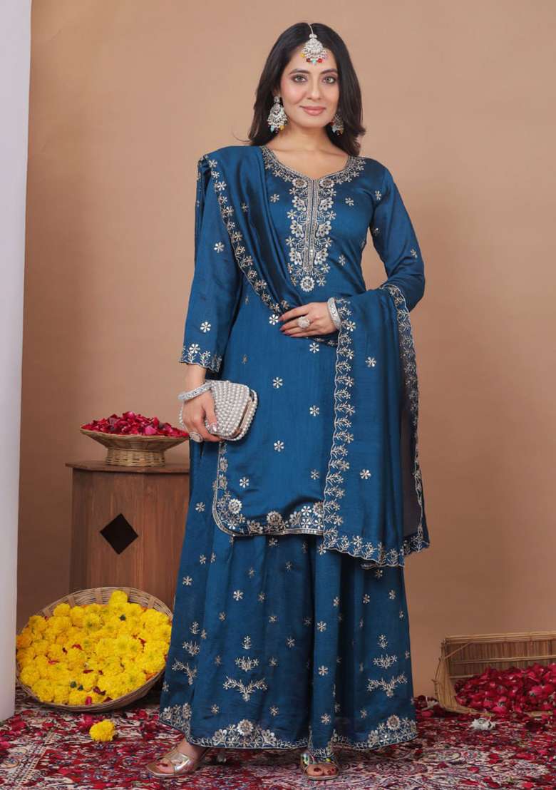 Rama Green Embroidery Silk Sharara Set - Indya