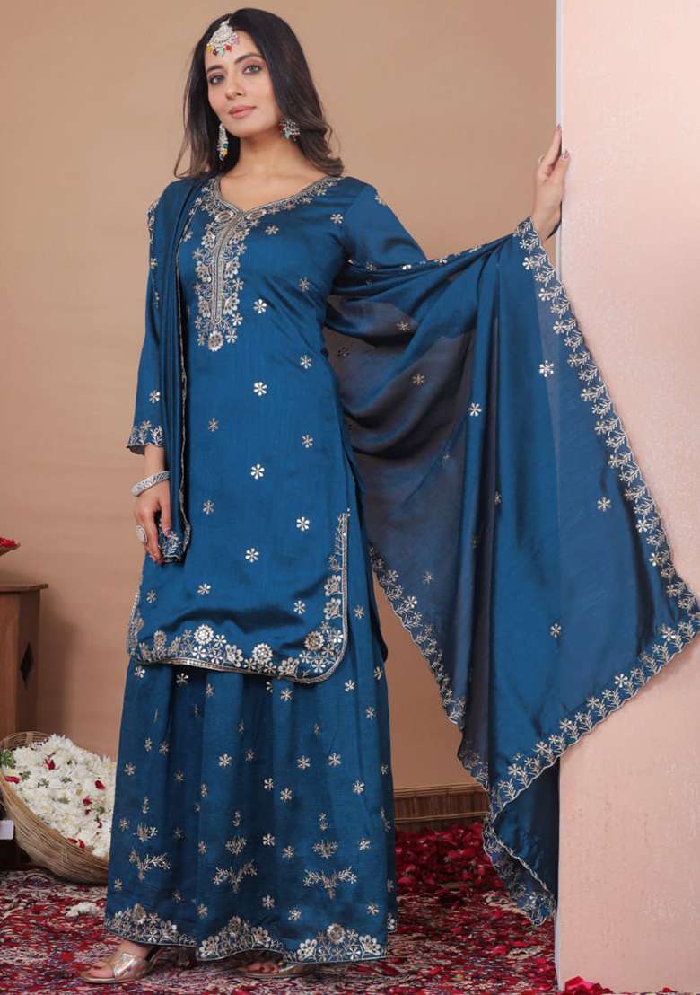 Rama Green Embroidery Silk Sharara Set - Indya