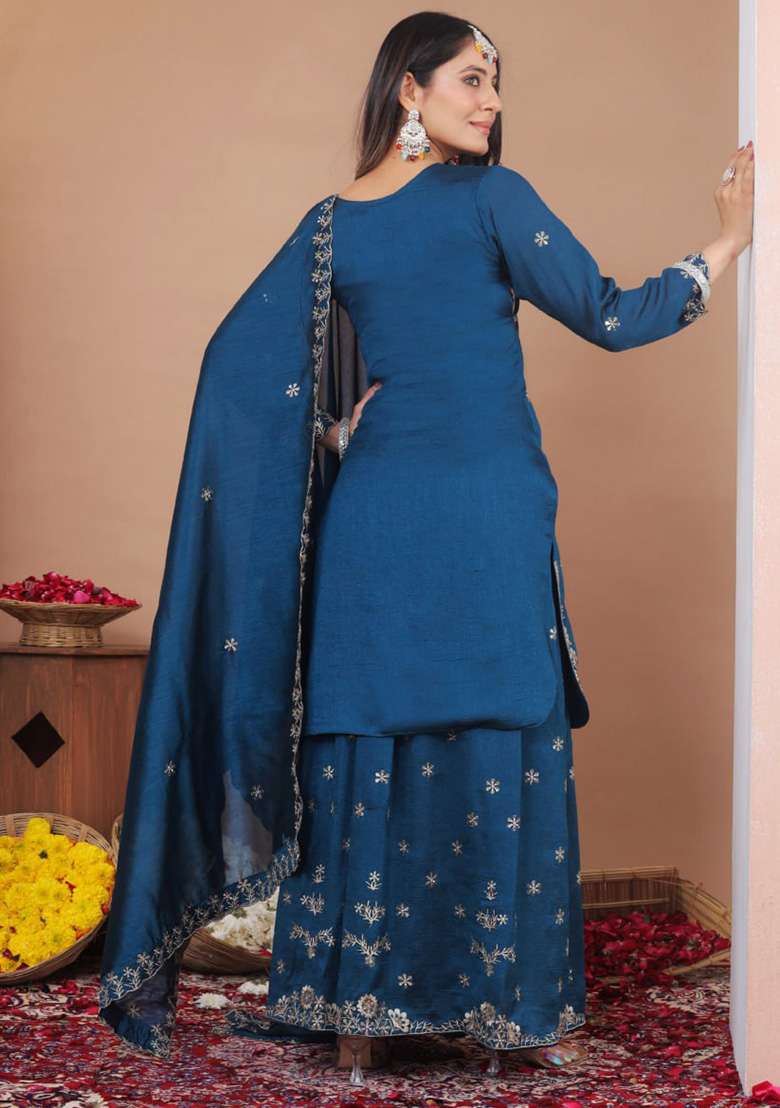Rama Green Embroidery Silk Sharara Set - Indya