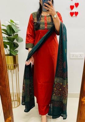 Orange Embroidery Cotton Kurta Set