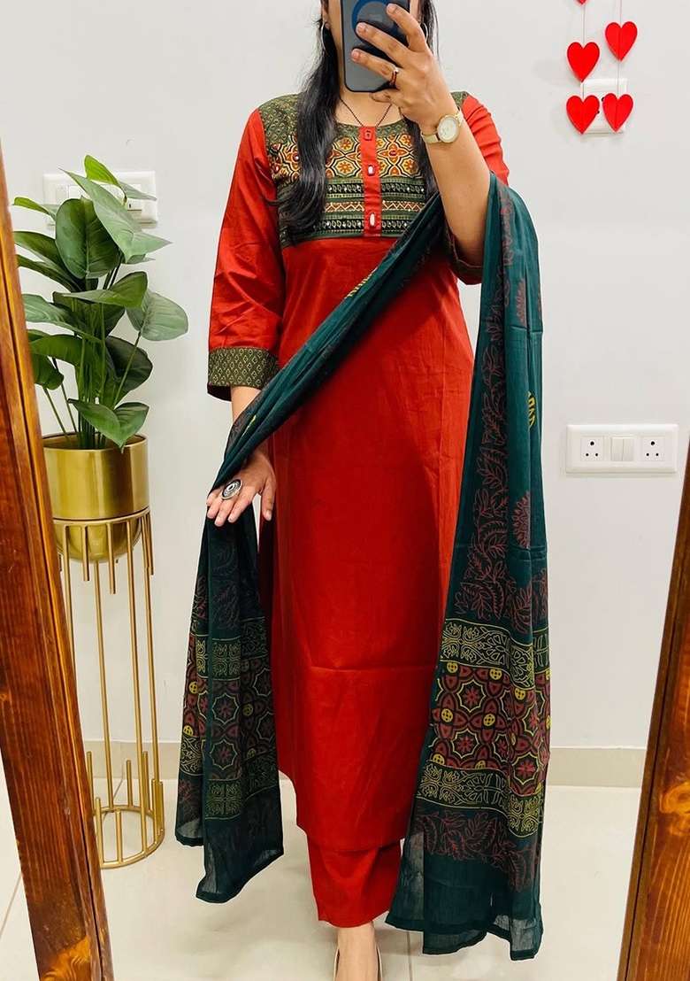 Orange Embroidery Cotton Kurta Set - Indya