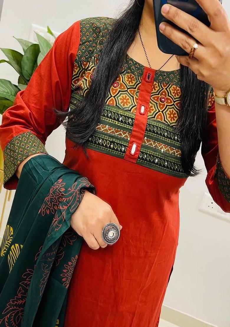 Orange Embroidery Cotton Kurta Set - Indya