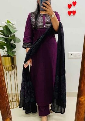 Purple Embroidery Cotton Kurta Set
