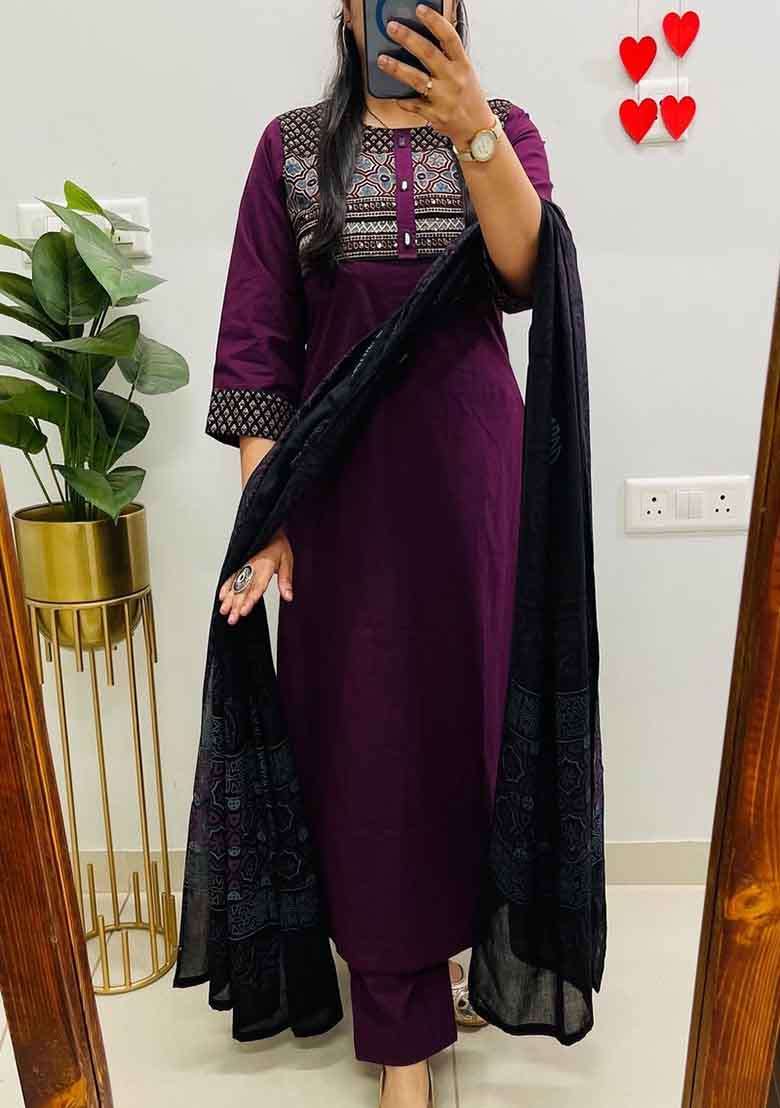 Purple Embroidery Cotton Kurta Set - Indya