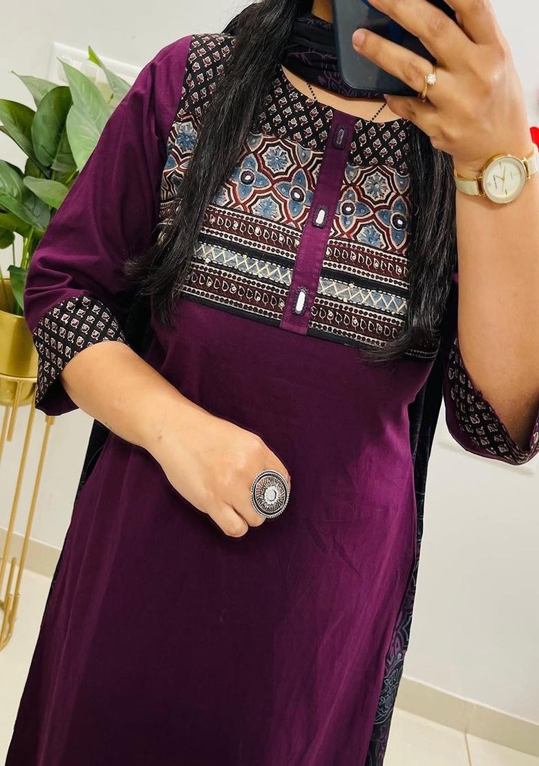 Purple Embroidery Cotton Kurta Set - Indya