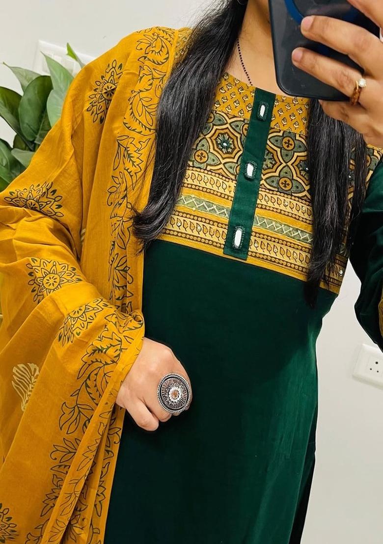 Green Embroidery Cotton Kurta Set - Indya