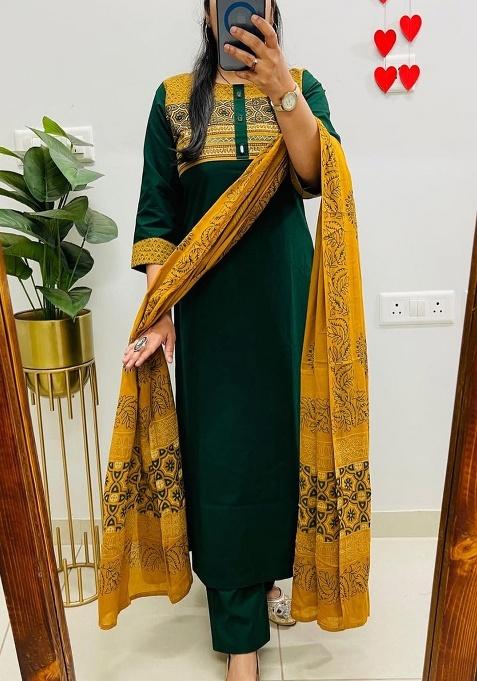 Green Embroidery Cotton Kurta Set