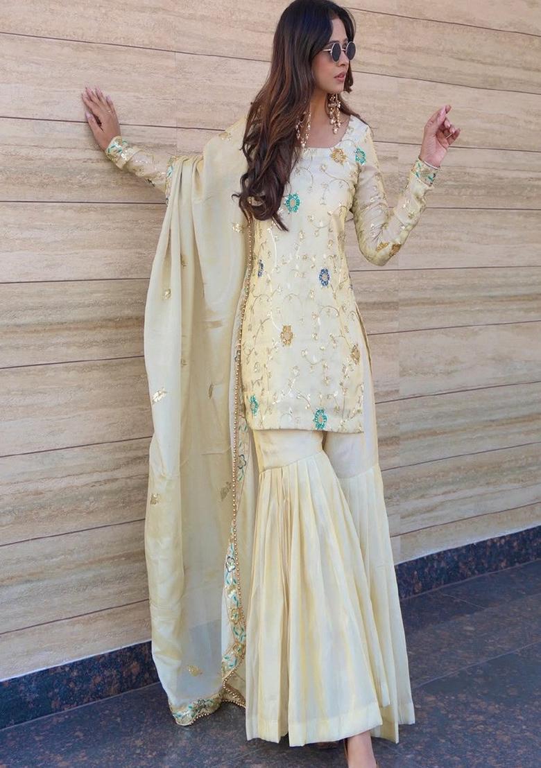 White Embroidery Chinon Kurta Set - Indya