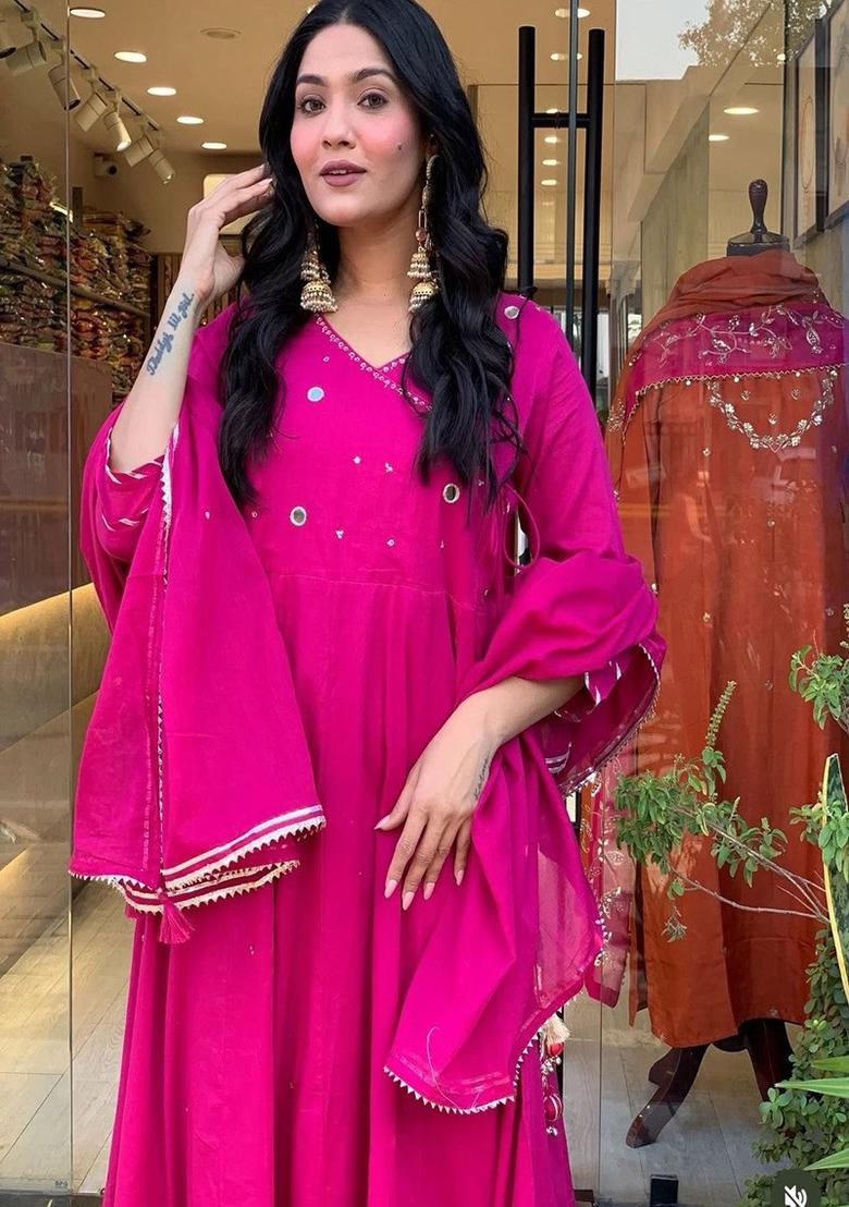 Pink Embroidery Cotton Kurta Set - Indya