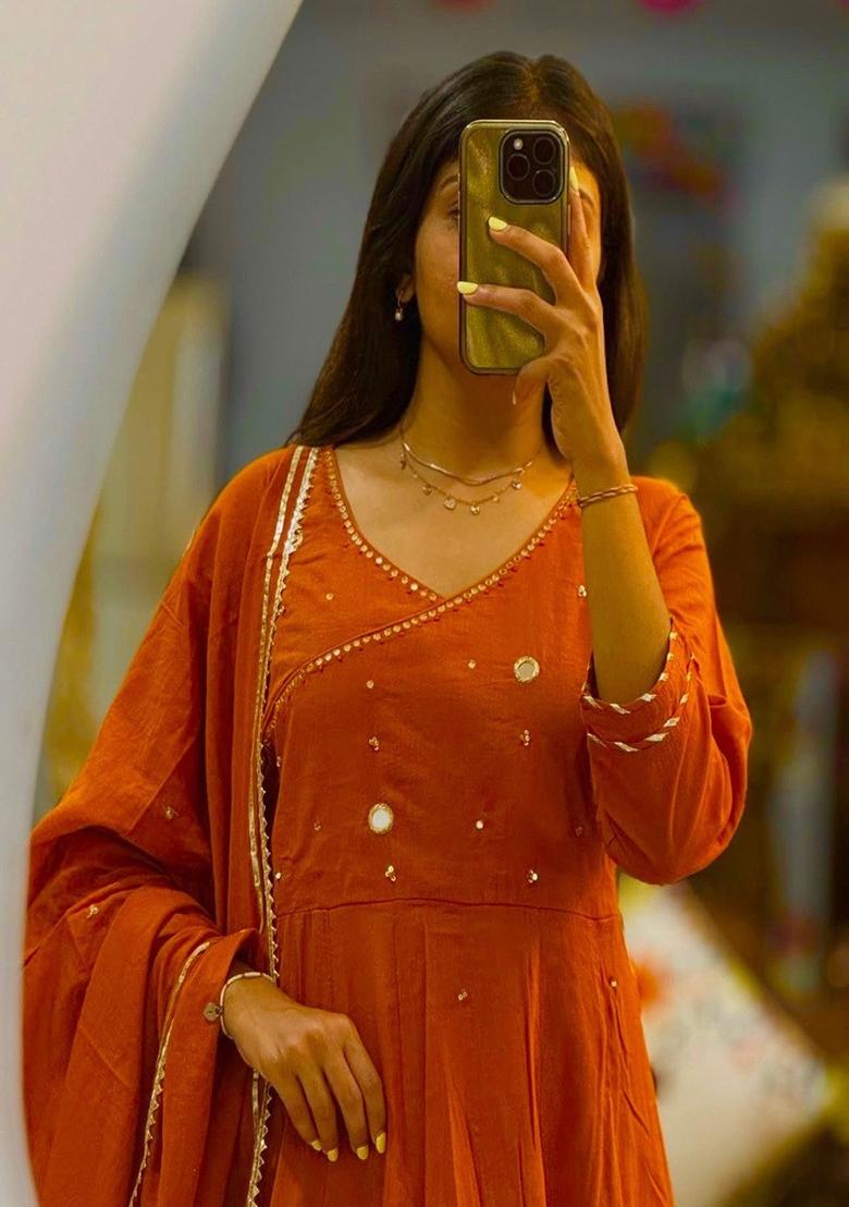 Orange Embroidery Cotton Kurta Set - Indya
