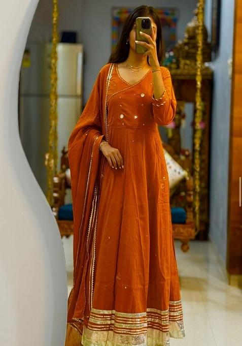 Orange Embroidery Cotton Kurta Set