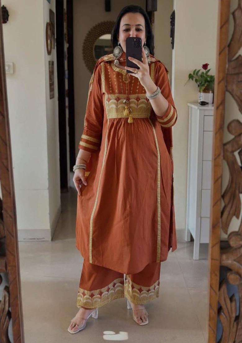 Brown Embroidery Cotton Kurta Set - Indya