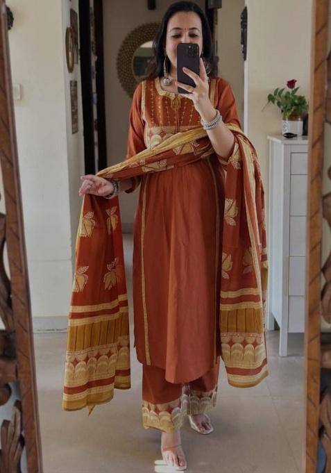 Brown Embroidery Cotton Kurta Set