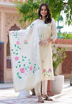 White Embroidery Cotton Kurta Set
