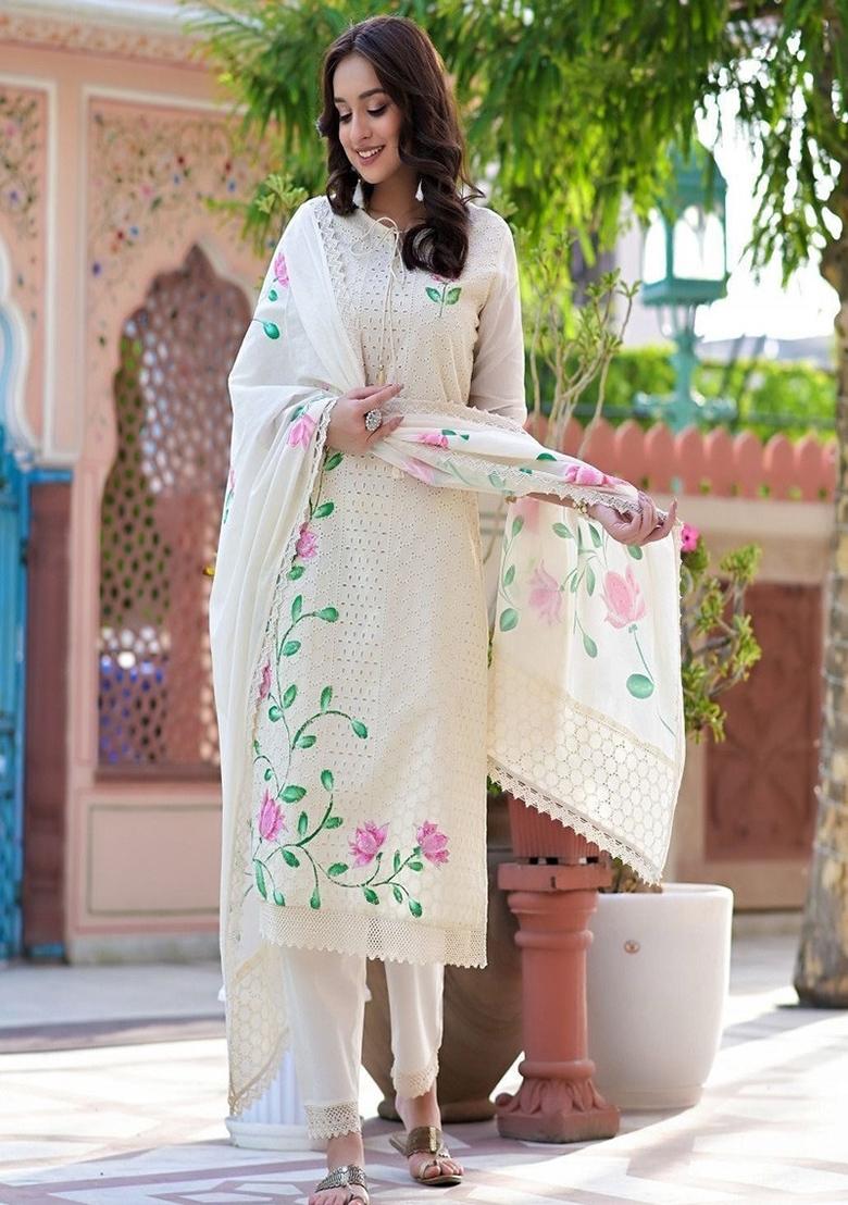 White Embroidery Cotton Kurta Set - Indya
