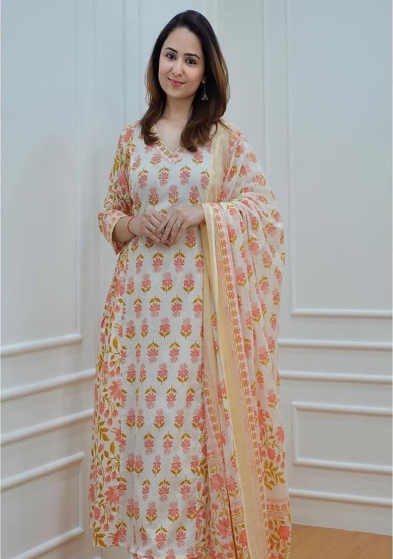 White Embroidery Cotton Kurta Set - Indya