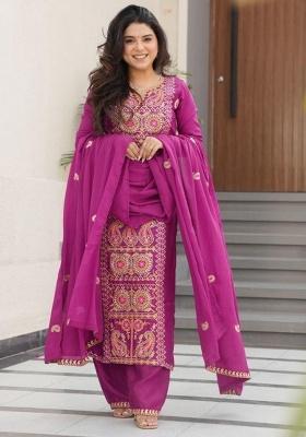 Purple Embroidery Crepe Kurta Set