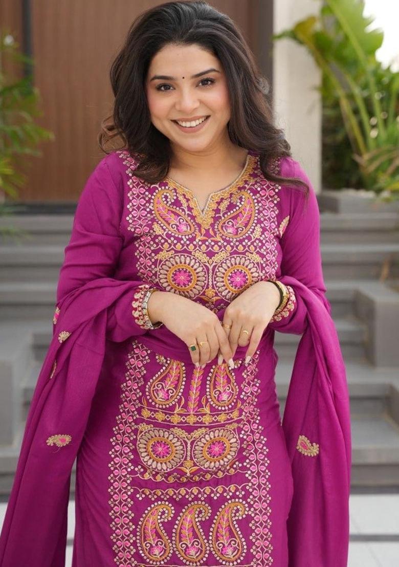 Purple Embroidery Crepe Kurta Set - Indya