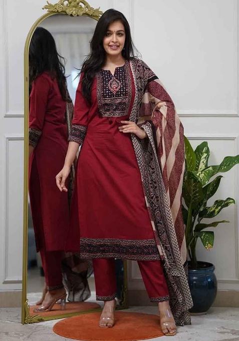 Red Embroidery Cotton Kurta Set