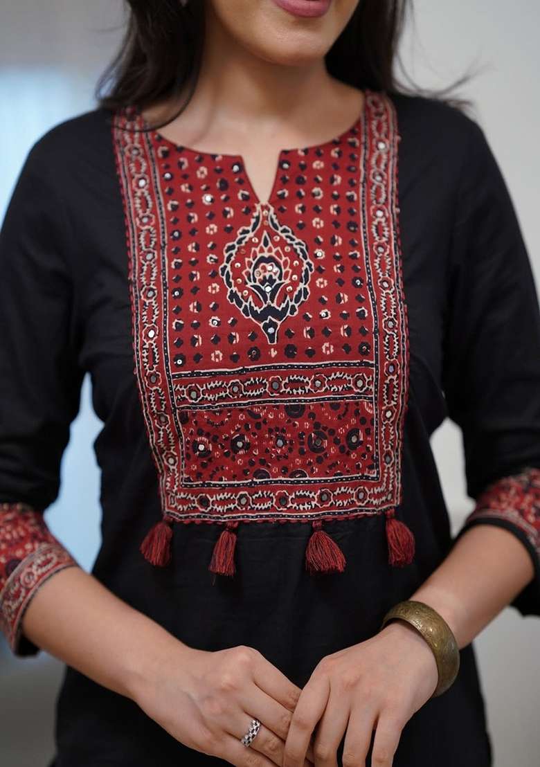 Black Embroidery Cotton Kurta Set - Indya
