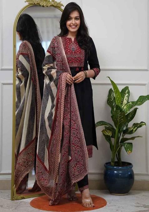 Black Embroidery Cotton Kurta Set