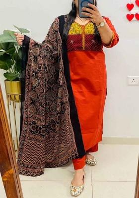 Orange Embroidery Cotton Kurta Set