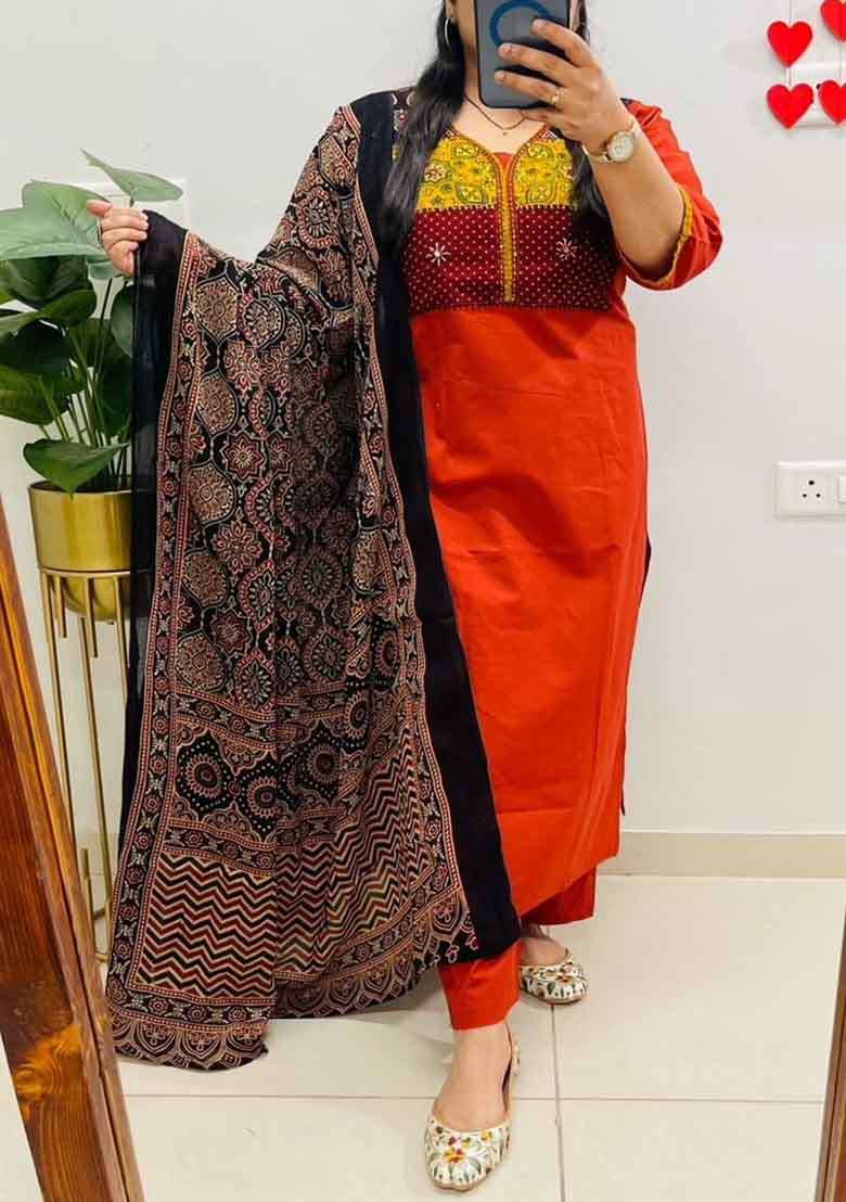 Orange Embroidery Cotton Kurta Set - Indya