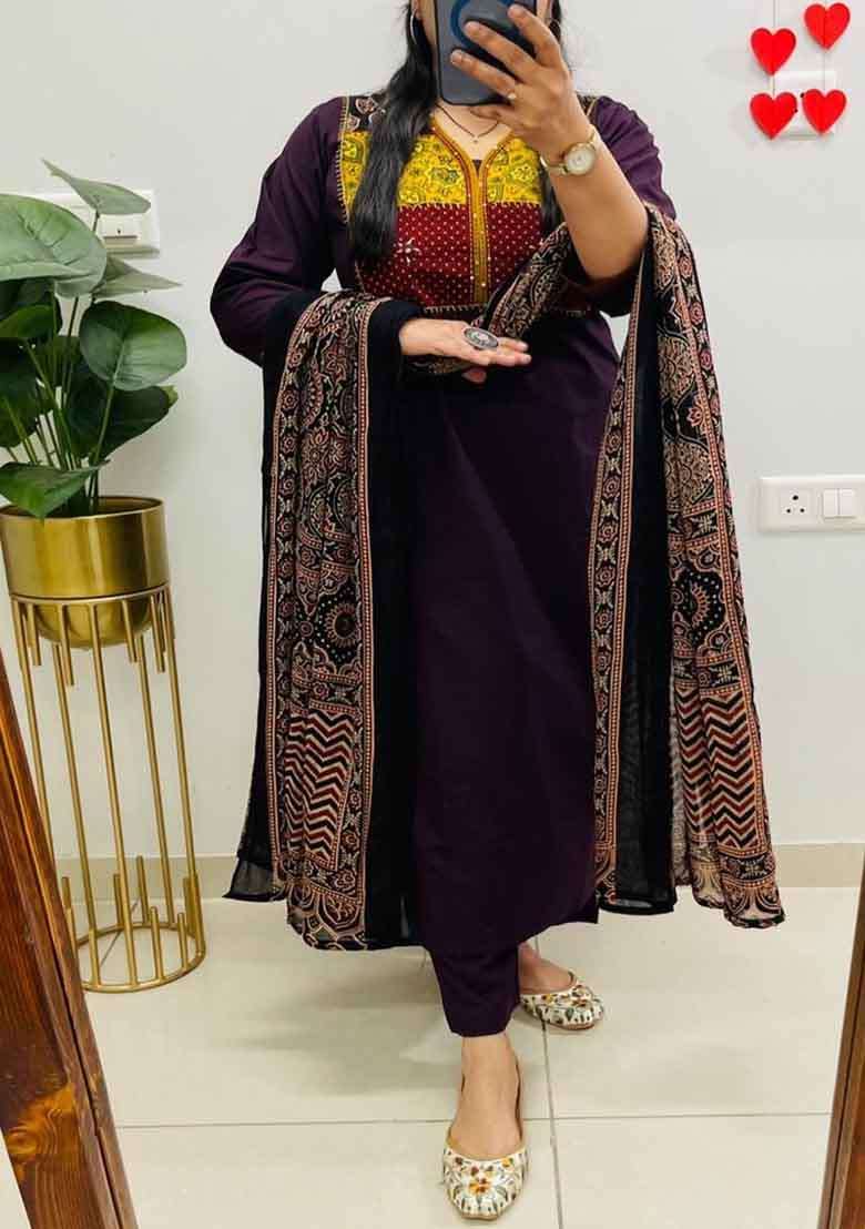 Purple Embroidery Cotton Kurta Set - Indya