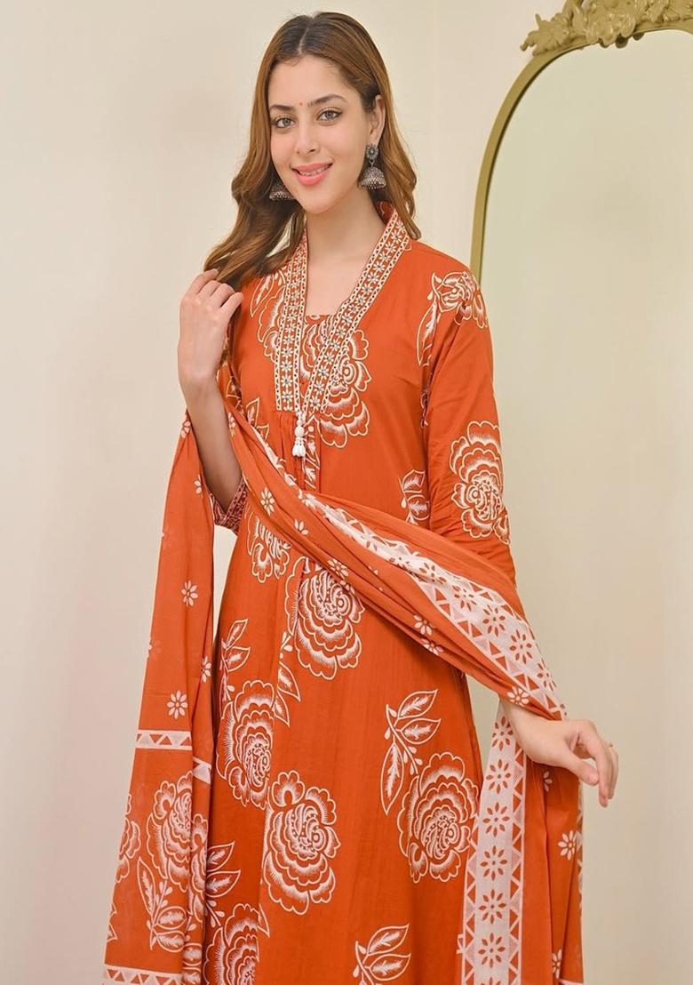 Orange Printed Cotton Kurta Set - Indya