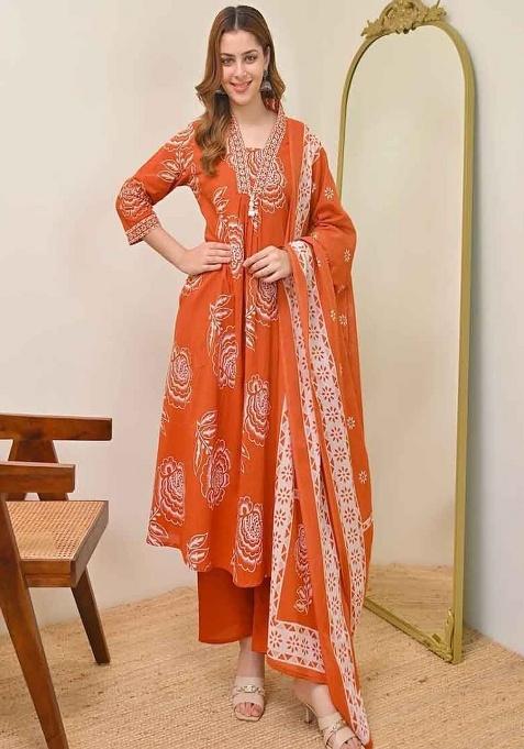 Orange Printed Cotton Kurta Set