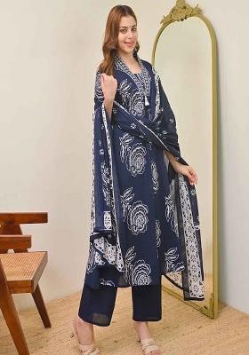Blue Printed Cotton Kurta Set
