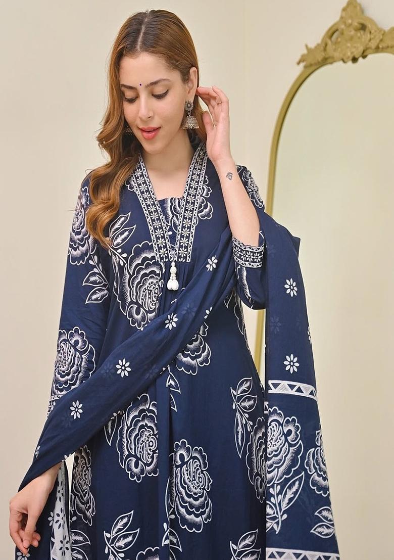 Blue Printed Cotton Kurta Set - Indya