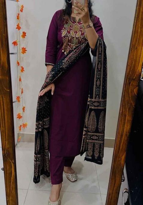 Purple Embroidery Cotton Kurta Set