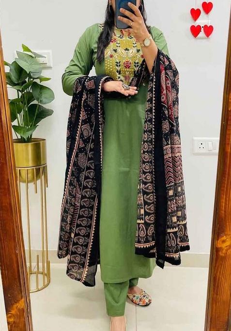 Green Embroidery Cotton Kurta Set