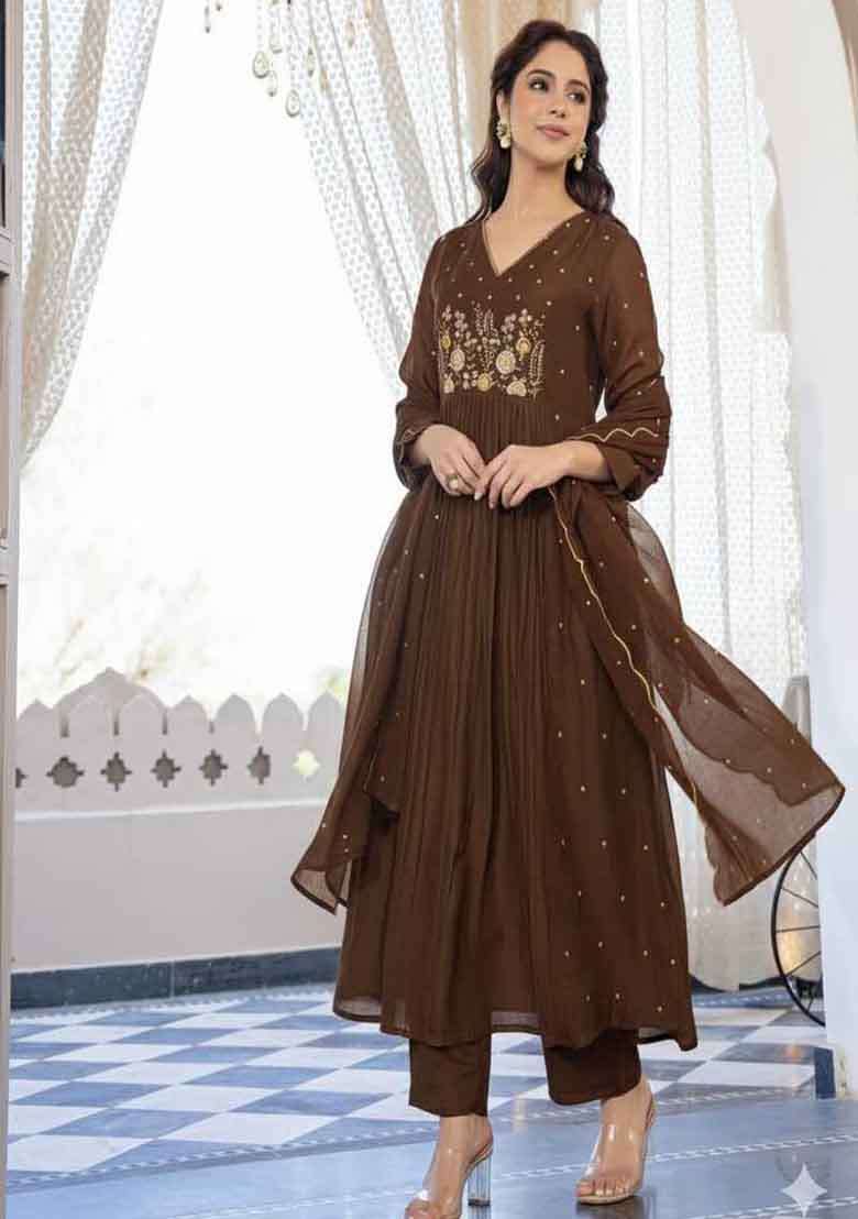 Brown Embroidery Cotton Kurta Set - Indya