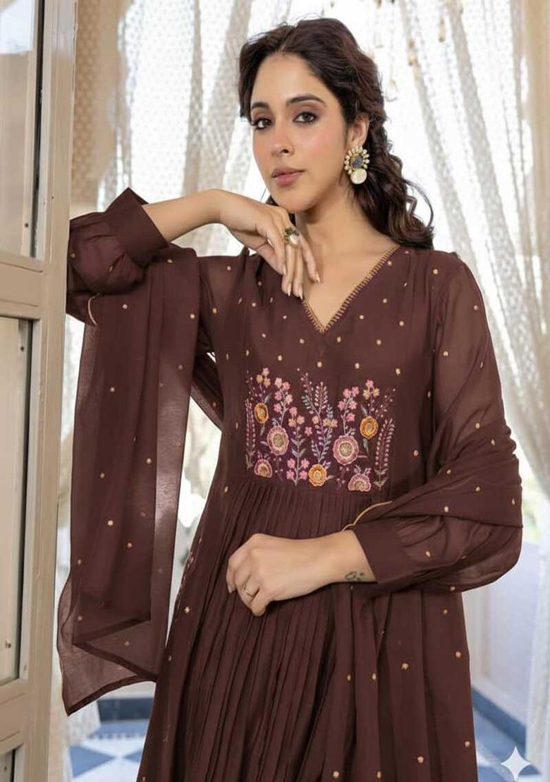 Brown Embroidery Cotton Kurta Set - Indya