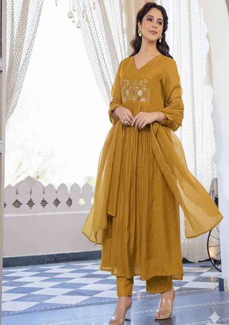 Yellow Embroidery Cotton Kurta Set - Indya