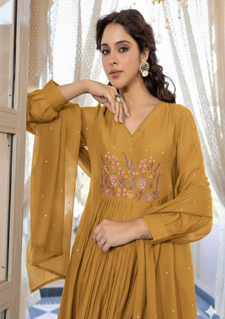Yellow Embroidery Cotton Kurta Set - Indya